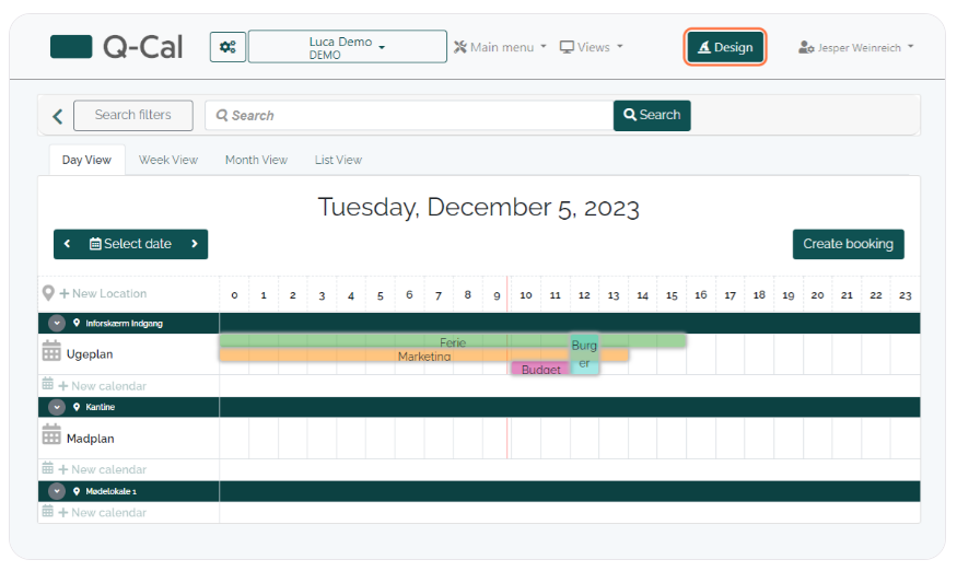 Q-Cal scheduling interface showing a weekly calendar view for various categories like 'Ferie', 'Marketing', and 'Budget' on Tuesday, December 5, 2023.