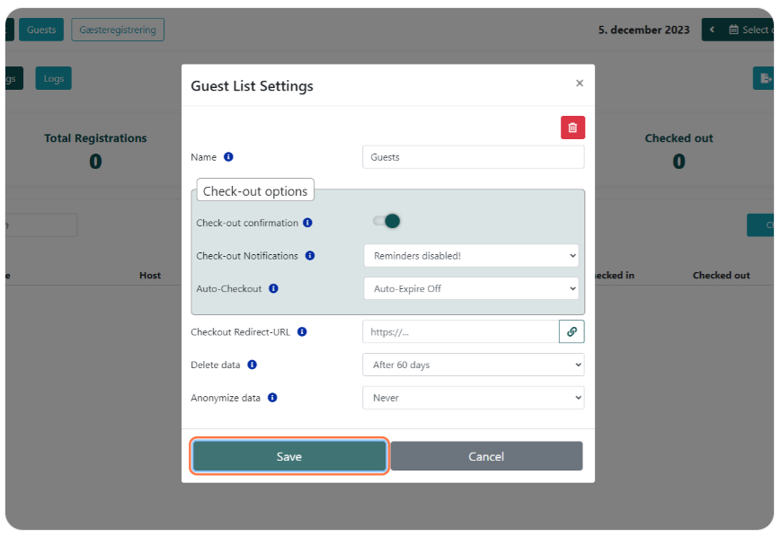 Guest List Settings window with options for check-out confirmation, notifications, auto-checkout, data deletion settings, and a 'Save' button highlighted.