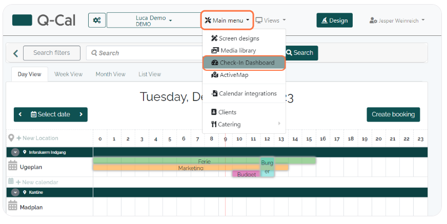 Q-Cal system interface showing a week's schedule with highlighted options in the main menu for Screen Designs, Media Library, Check-In Dashboard, ActiveMap, Calendar Integrations, Clients, and Catering.