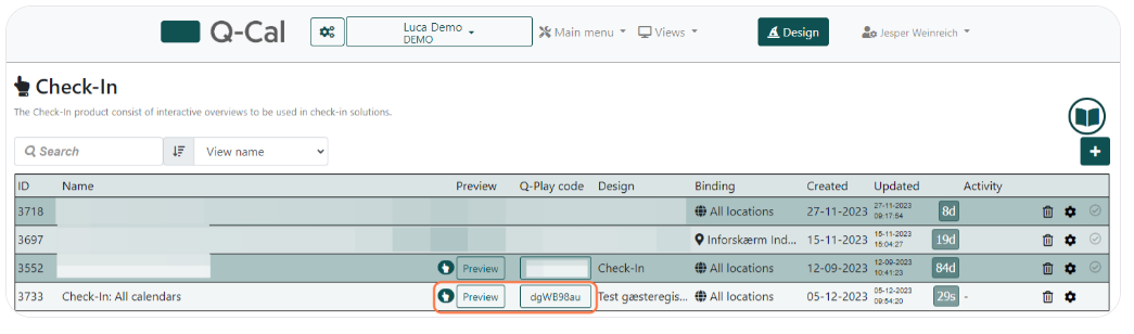 Check-In management interface with a list of entries showing ID, name, preview options, Q-Play code, design selections, binding to all locations, creation and update dates, and recent activity.