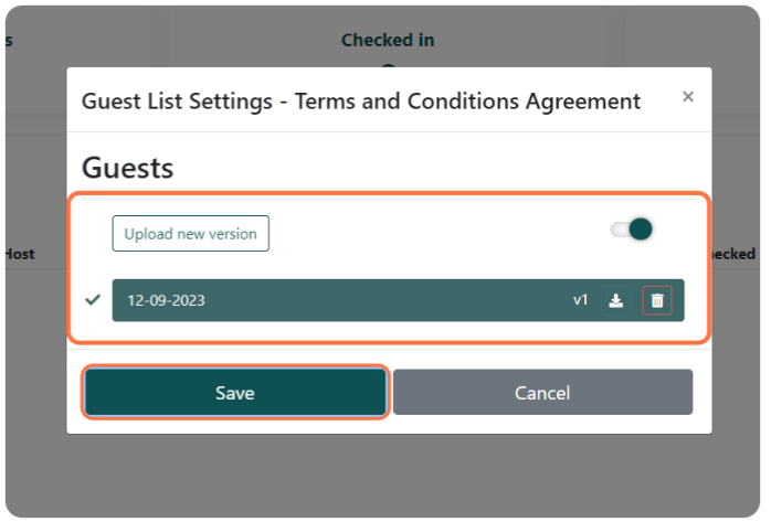 Popup window titled 'Guest List Settings - Terms and Conditions Agreement' with options to upload a new version of the document, showing the current version dated 12-09-2023, and buttons to save or cancel the changes.
