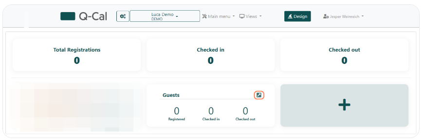 Q-Cal dashboard interface with counters for Total Registrations, Checked in, and Checked out guests, all currently at zero, and an option to add a new entry.