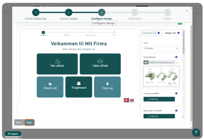 Digital check-in screen design interface with selectable options for 'Appointment', 'No appointment', 'Check Out', 'Visitor', and 'Find way' in Danish, including navigation for further customization.