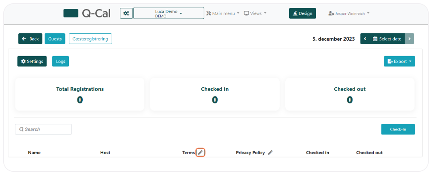 Dashboard displaying 'Total Registrations', 'Checked in', and 'Checked out' with zeros, a search field, and columns for Name, Host, Terms, Privacy Policy, Checked in, and Checked out, with a 'Check-in' button visible.