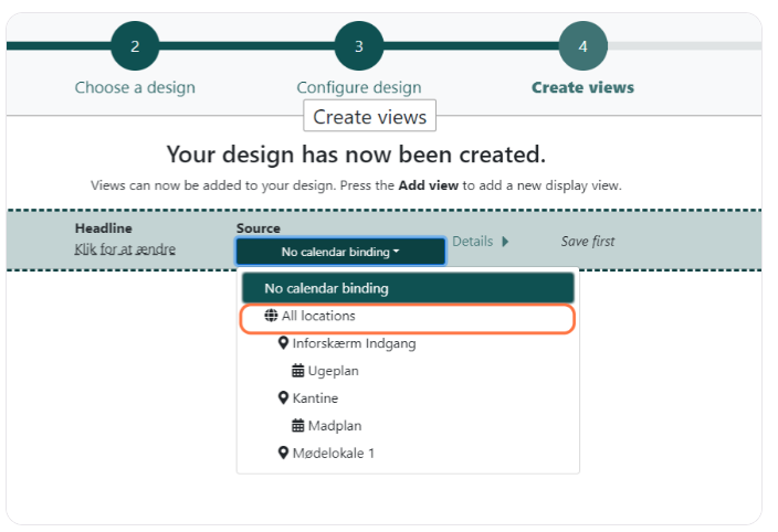 Screen showing the 'Create views' step with options to bind views to locations, such as 'All locations' and specific areas like 'Kantine' and 'Mødelokale 1'.