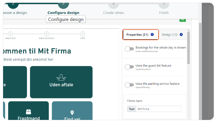 User interface for design configuration showing a sidebar with 'Properties' tab selected, detailing options like 'Bookings for the whole day is shown', 'Uses the guest list feature', and 'Uses the parking service feature'. The company name 'Mit Firma' is editable under 'Firma navn'.