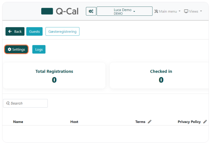 Q-Cal guest registration screen displaying 'Total Registrations' and 'Checked in' with zero counts, a search bar, and tabs for Guests, Settings, and Logs.