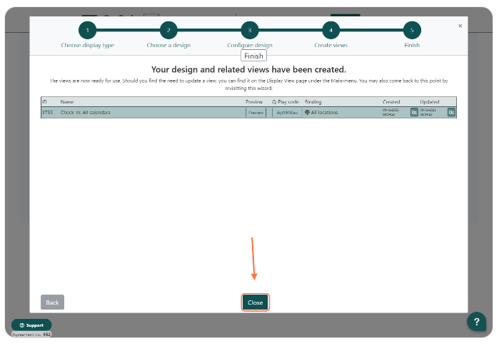 Final step in design setup displaying a newly created view with an arrow pointing towards the 'Close' button to exit the setup process.