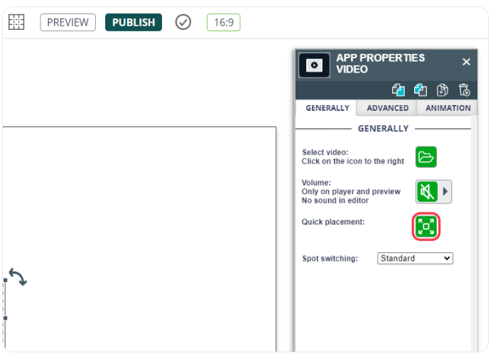 Digital signage system showing video app properties with options for selecting video, adjusting volume, and quick placement settings.