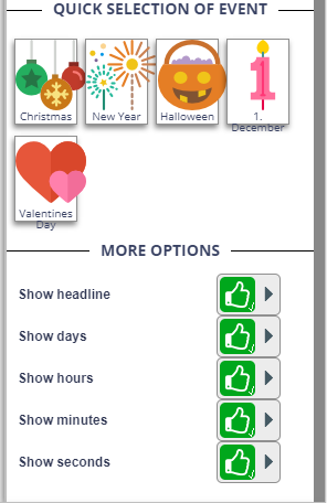 Event countdown app interface offering quick selection of events like Christmas, New Year, Halloween, and Valentine's Day with toggles to show headline, days, hours, minutes, and seconds.