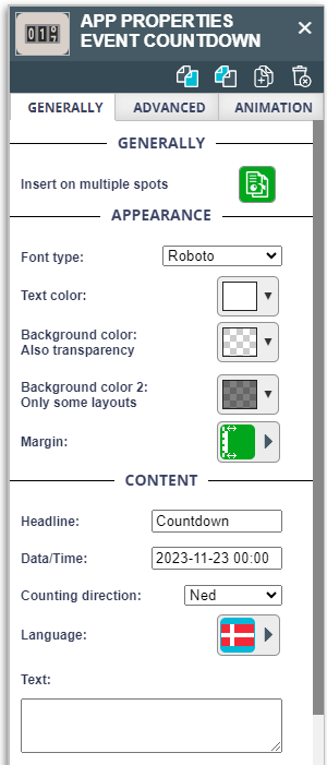 Close-up of event countdown app properties with settings for appearance, content, and language options.