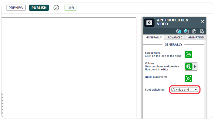 Video app settings panel on digital signage software with spot switching option set to 'At video end' highlighted.