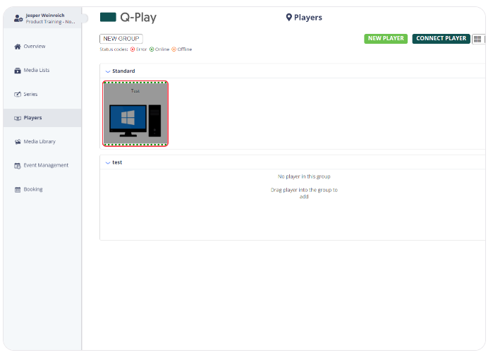 Q-Play Players management screen with one digital player named 'Test' displayed under the 'Standard' group, ready for configuration.