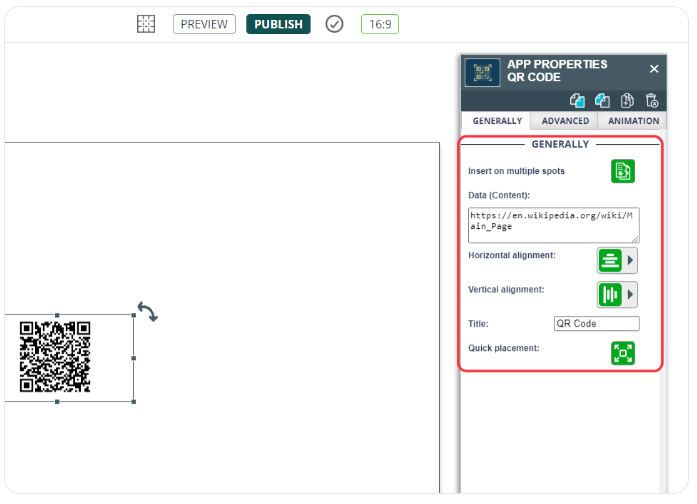 QR code generator tool open with options for alignment and quick placement within a content creation interface.