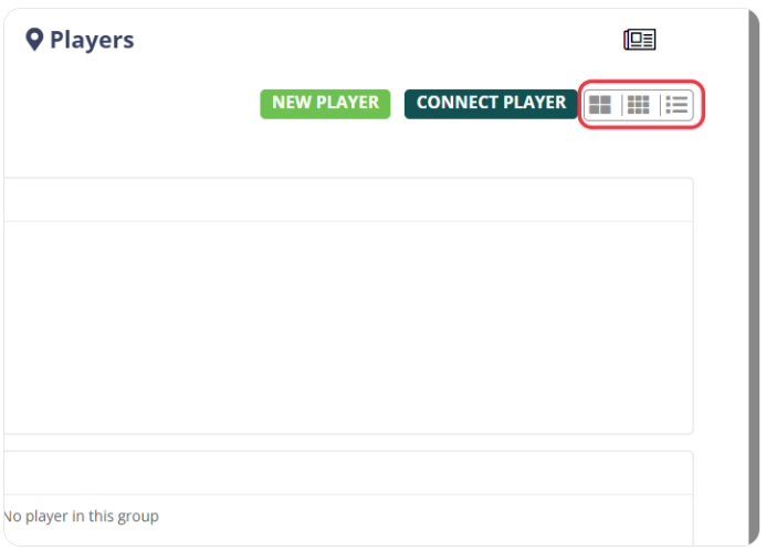 Player management interface with 'NEW PLAYER' and 'CONNECT PLAYER' buttons, and icons for list settings and viewing options.