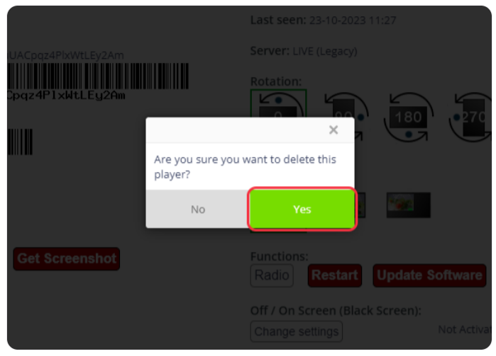 Confirmation dialog to delete a player in Q-Play with 'Yes' highlighted to confirm the action.