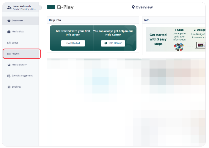 User interface of Q-Play's Overview page, highlighting the 'Players' tab on the sidebar