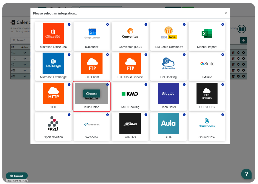 Selection menu for calendar integrations showing various platforms like Microsoft Office 365, Google Calendar, and FTP options with 'Klub Office' highlighted for choice.