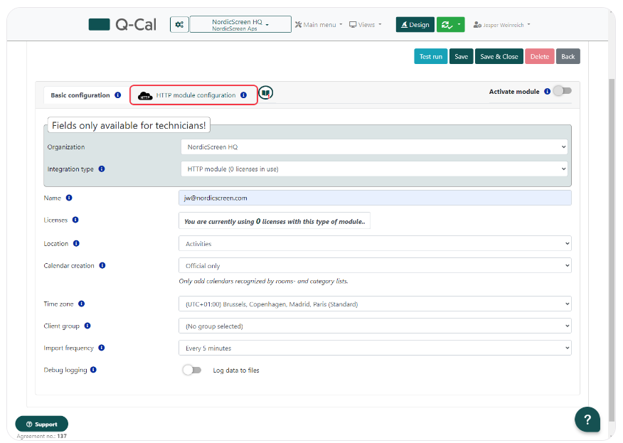 Configuration screen for HTTP module integration showing fields for organization details, license status, and scheduling, with an inactive module activation switch.