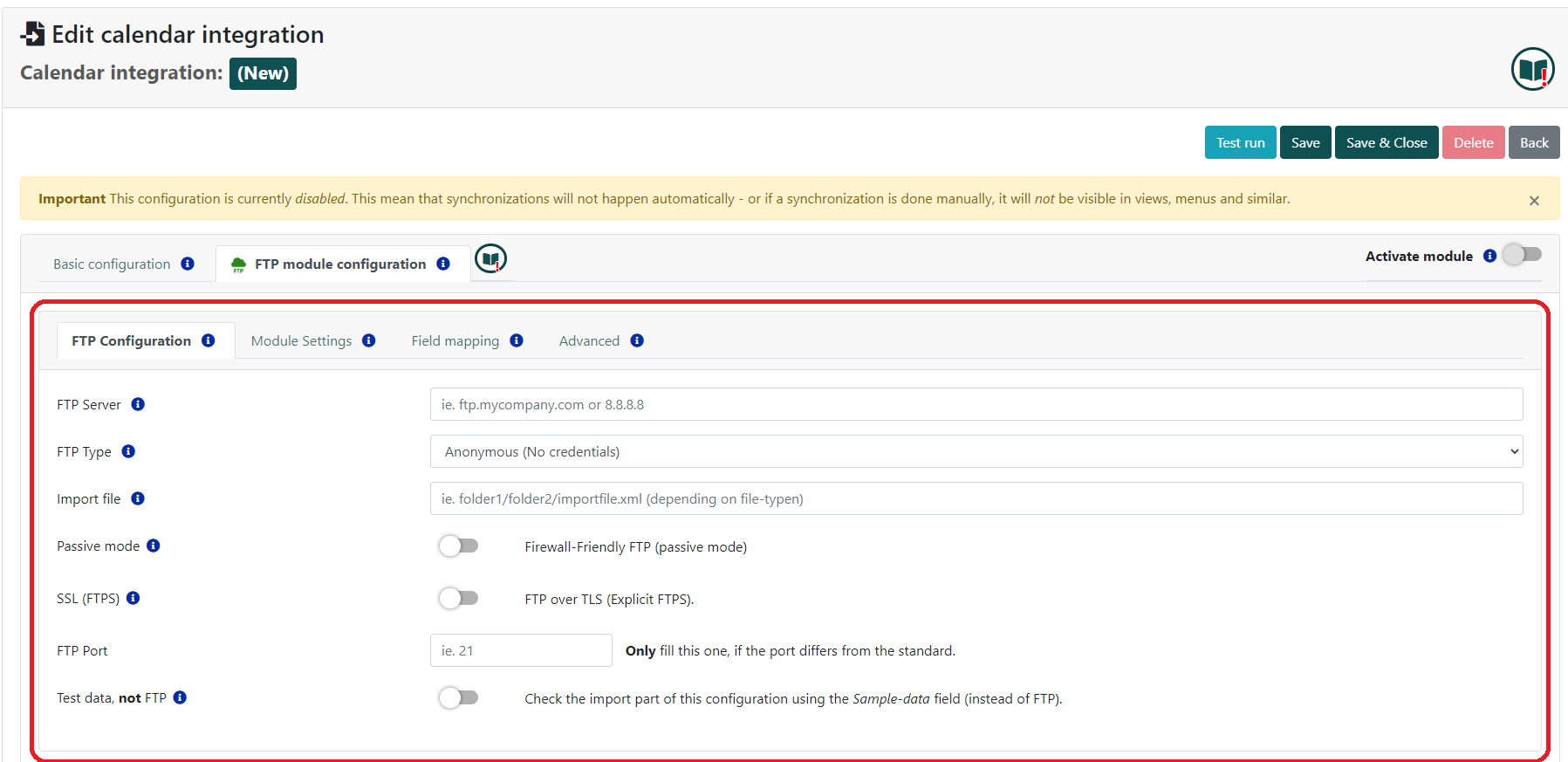 Settings page for FTP calendar integration featuring input fields for server details, file import, and security options, with a disabled activation toggle.