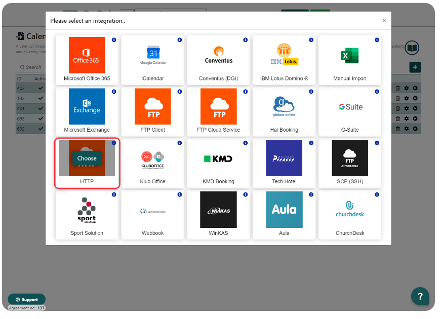 Integration selection window in Q-Cal with various service options such as Office 365, Google Calendar, Microsoft Exchange, and KMD Booking.