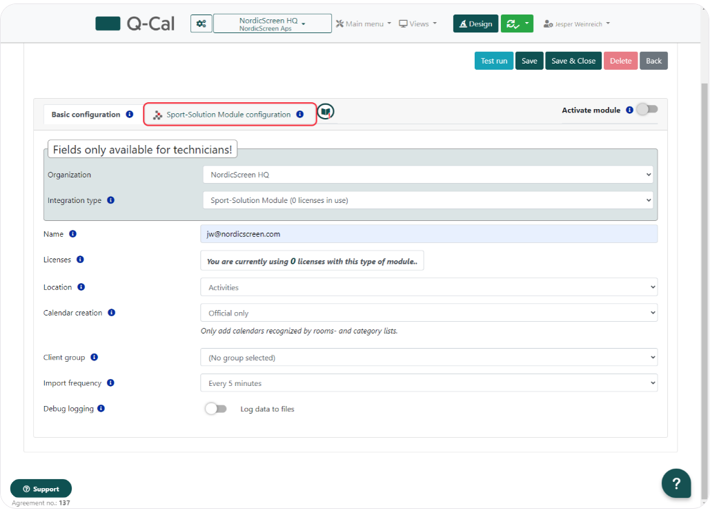 Interface for Sport-Solution Module configuration in Q-Cal with fields for organizational details and integration settings.