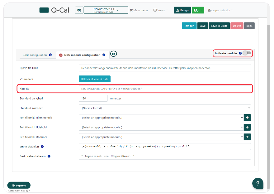 DBU module configuration interface displaying fields for Klub ID and options for standard duration, with an 'Activate module' toggle at the top right.