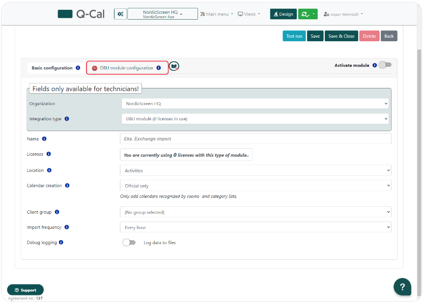 Configuration screen for DBU module integration with fields for organization, integration type, and import frequency, highlighting a technician-only access section.