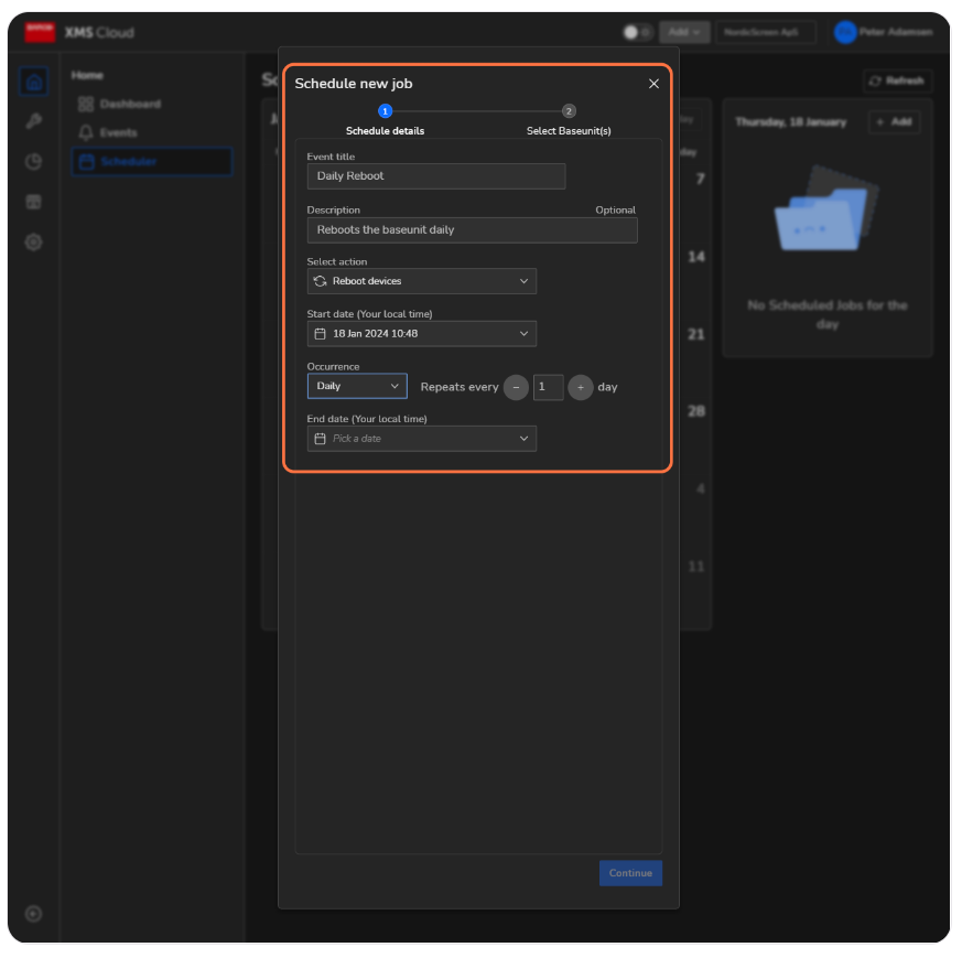 Dialog box for scheduling a new job titled 'Daily Reboot' in the XMS Cloud Scheduler, with options for action, start date, and recurrence.