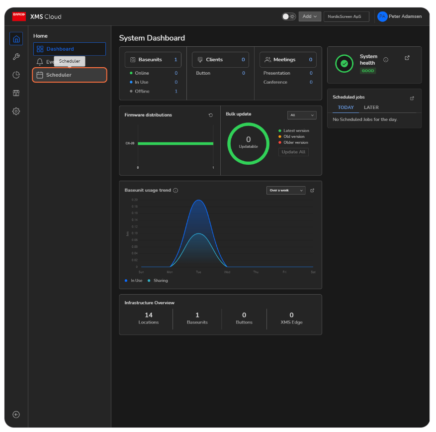 Screenshot of the XMS Cloud System Dashboard highlighting system health, firmware distributions, baseunit usage trend, and infrastructure overview.