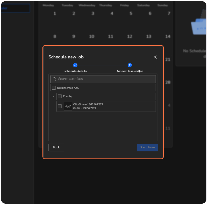 Interface to select Baseunit(s) for scheduling a new job in XMS Cloud with a list that includes NordicScreen ApS and ClickShare devices.