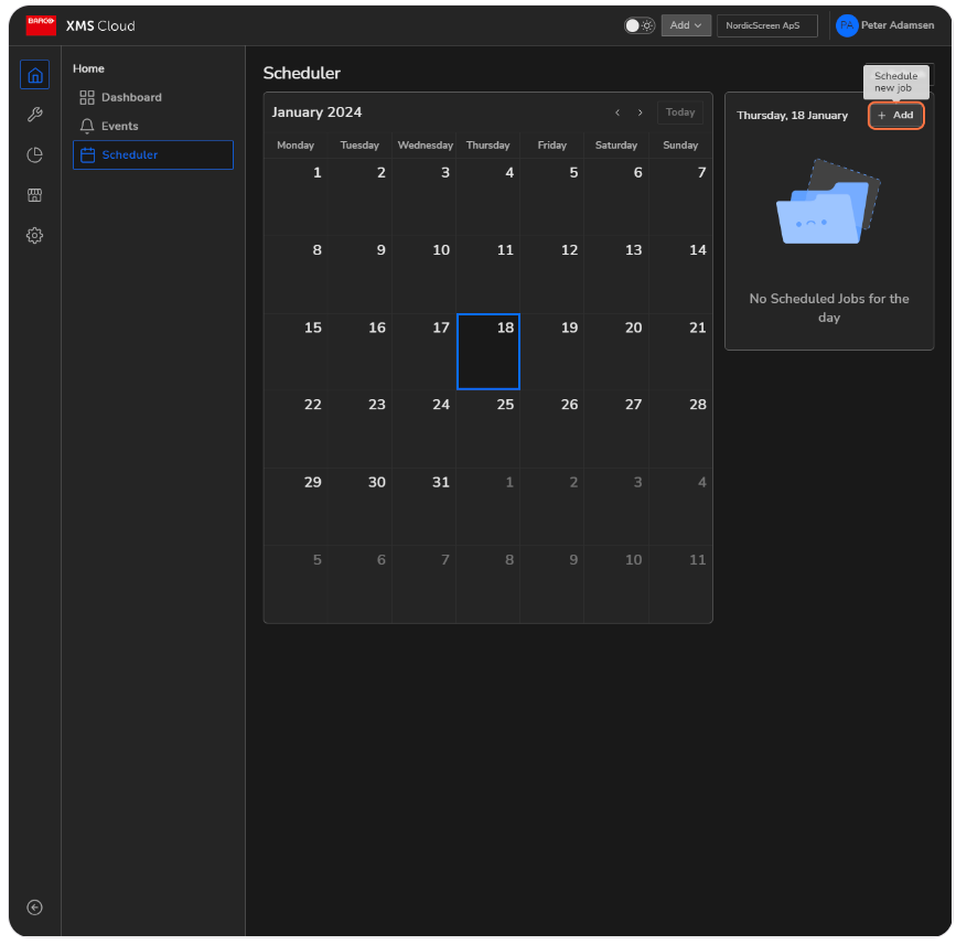 XMS Cloud Scheduler interface showing an empty calendar for January 2024 with a highlighted current date and options to add new scheduled jobs.