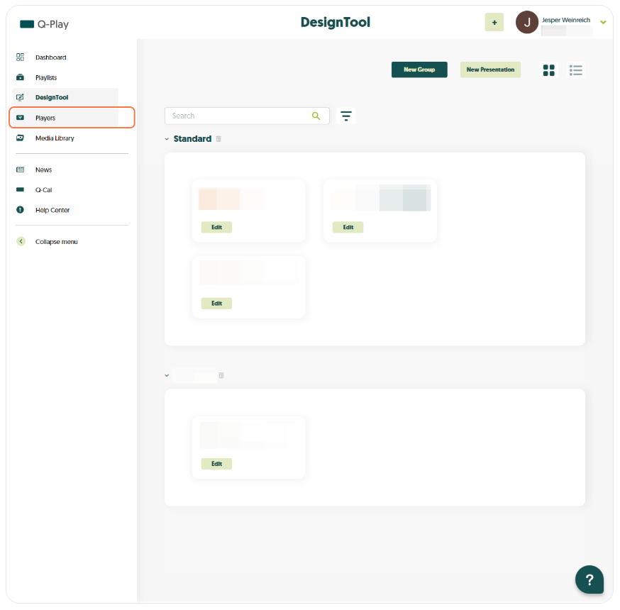 Q-Play DesignTool interface with options for creating new groups or presentations and thumbnails for editing existing designs.