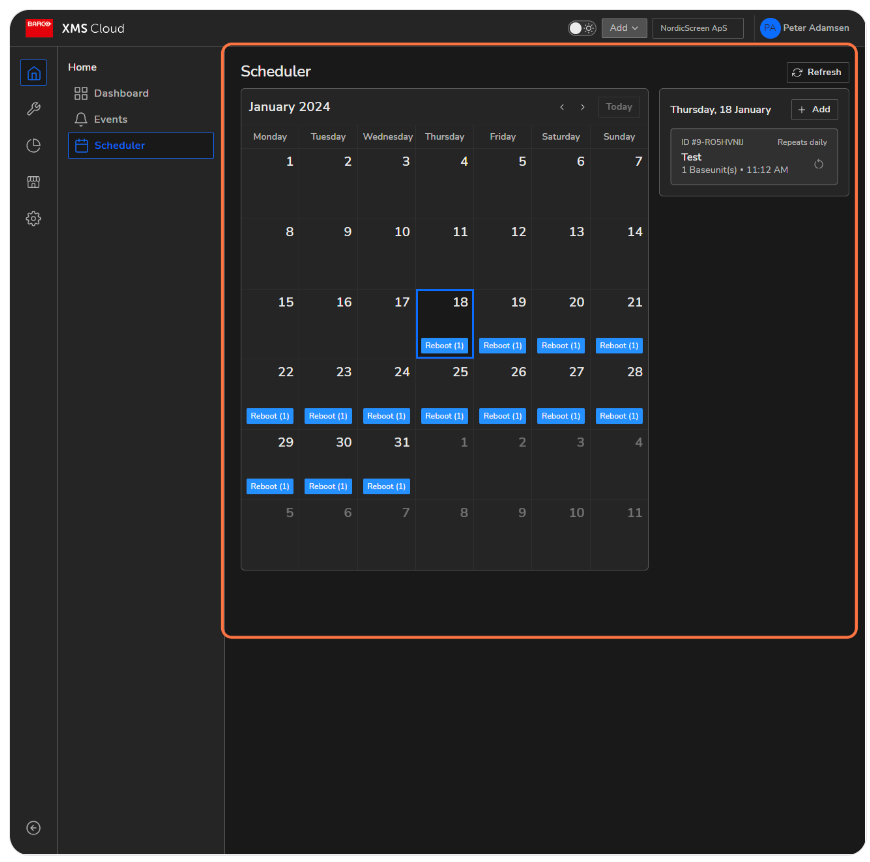 XMS Cloud Scheduler calendar view with daily reboot tasks scheduled for various dates in January 2024.