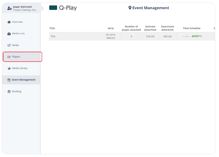 Event Management dashboard highlighting 'Players' tab with an empty event list showing columns for title, series, player attachment, and scheduling.