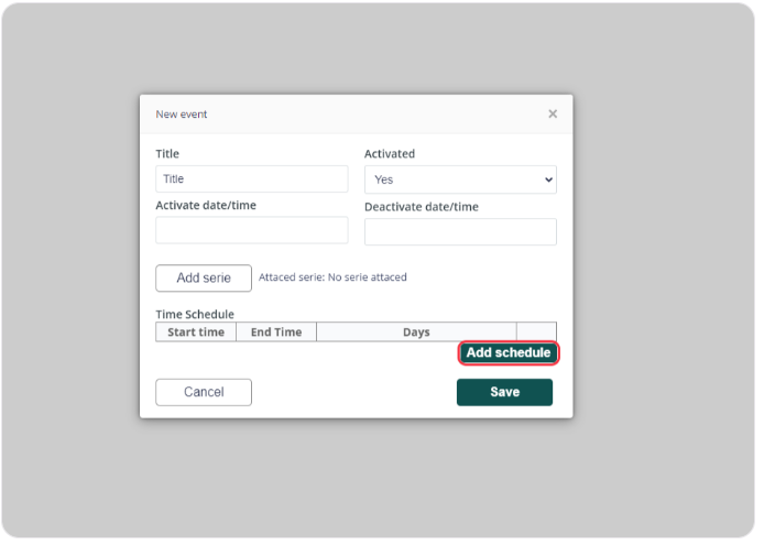 Event creation dialog with an 'Add schedule' button highlighted to schedule event times.