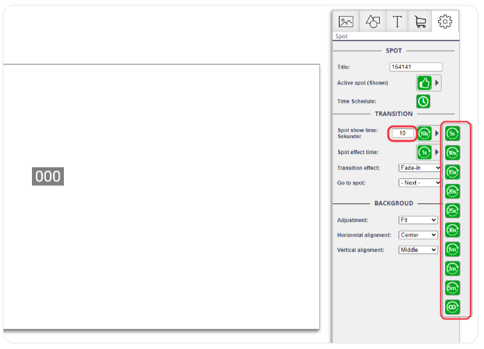 Digital signage editor with a countdown timer selected and spot transition settings open.