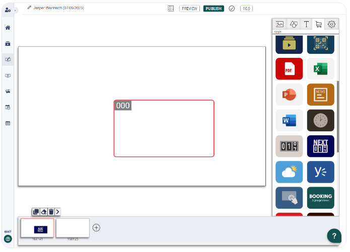 Digital signage editing interface with selected content area and multimedia icons on the right.