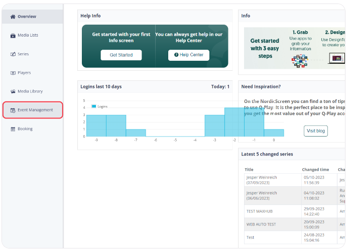 Dashboard interface with navigation sidebar highlighting 'Event Management', login activity graph, quick info and help sections, and recent changes log.