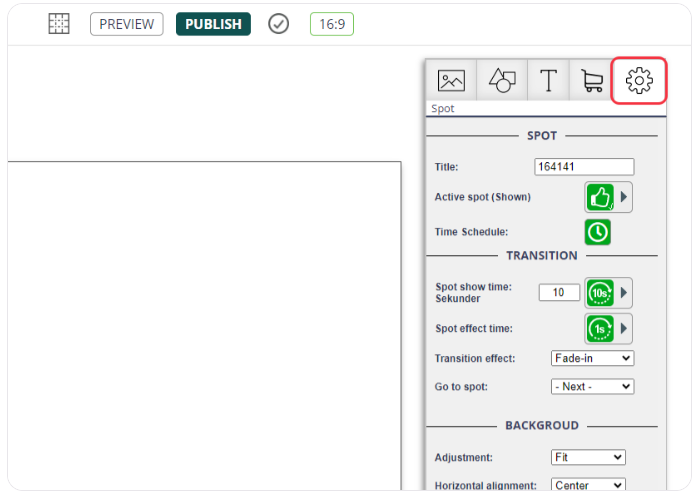 Settings panel in digital signage software showing spot properties and transition options.