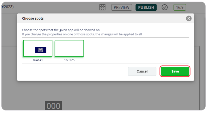 Digital signage spot selection dialog with 'Save' button highlighted.