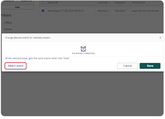 Event attachment screen for selected players with 'Attach event' button, indicating no current events are attached.