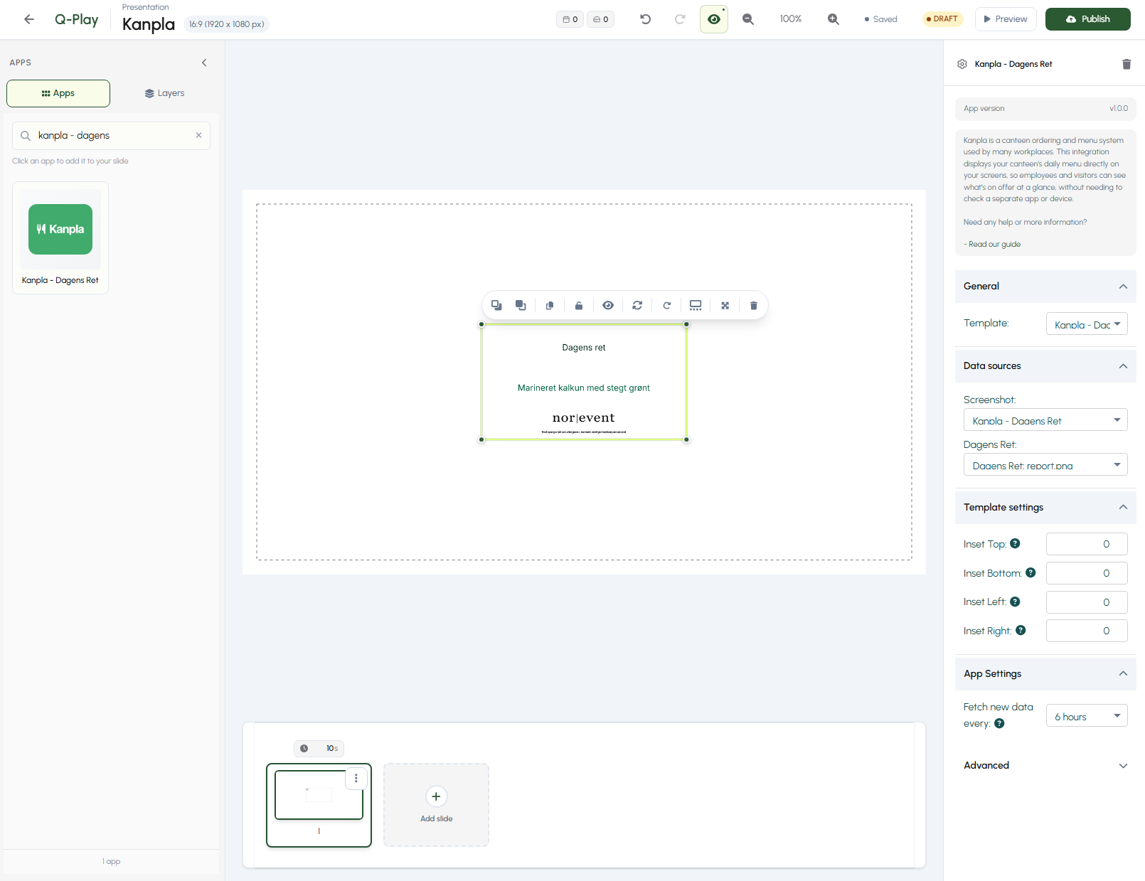 Q-Play slide editor showing the Kanpla App being added from the app library