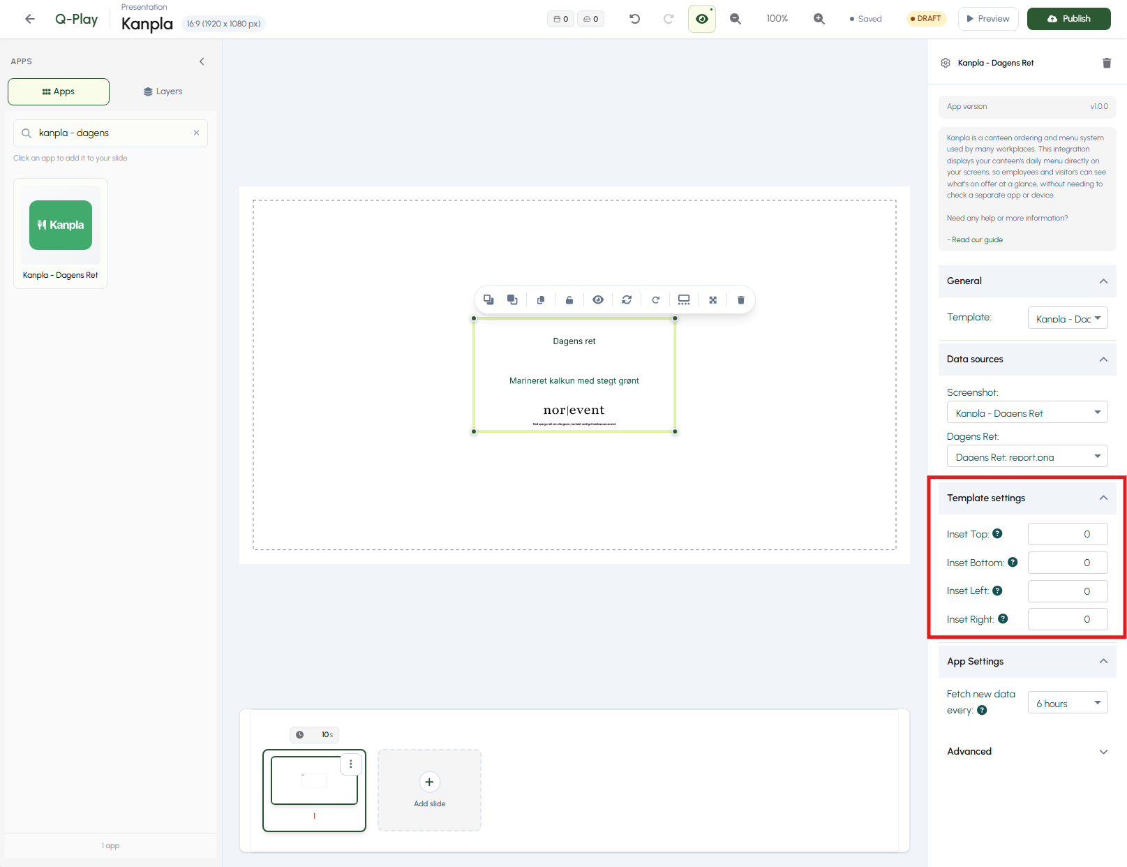 Q-Play Kanpla App Template settings showing Inset Top, Bottom, Left and Right fields