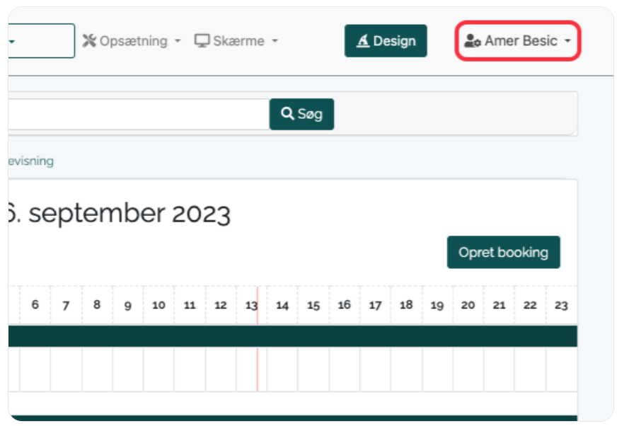 User interface of Q-Cal with a calendar view set to September 2023. 'Amer Besic' is highlighted as the current user. Options for setup, screen configuration, design, and a search bar are visible.
