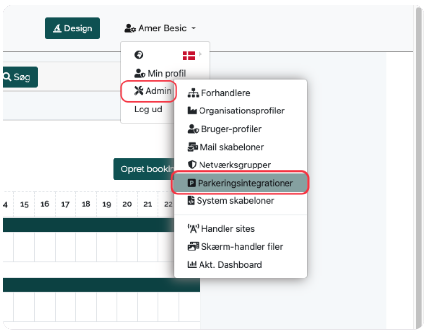Drop-down menu under 'Amer Besic' profile on Q-Cal interface, with 'Admin' selected, showing options for profile, organization profiles, user profiles, mail templates, network groups, parking integrations, system templates, sites, and dashboard.
