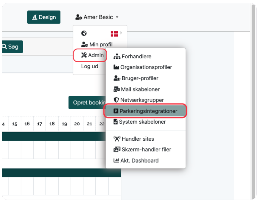 Dropdown menu under user 'Amer Besic' in Q-Cal system, showing options like 'Admin', 'My Profile', 'User Settings', 'Parking Settings', and other administrative tools.